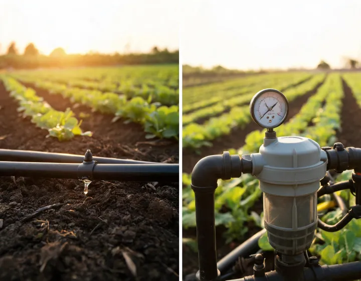 Drip line, emitter and pressure gauge in a cultivated vegetable field